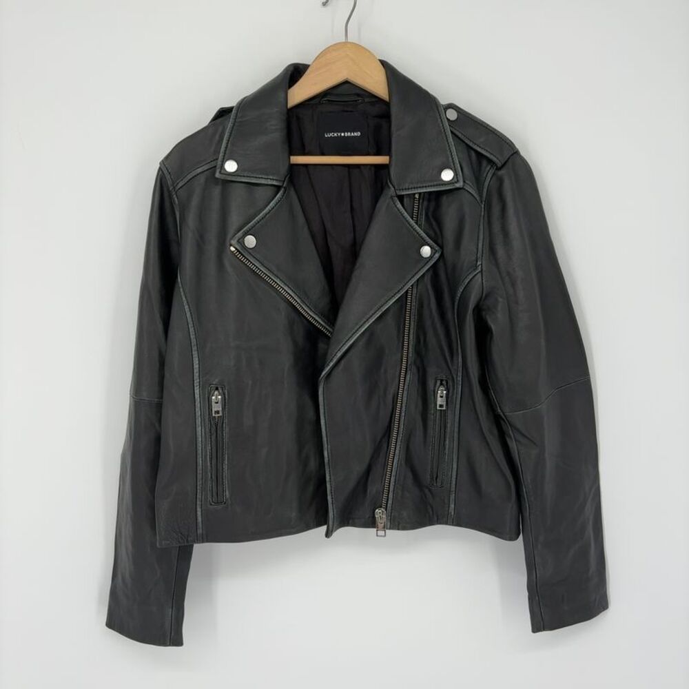 Lucky Brand Black Leather Moto Jacket with Asymmetric Zip